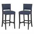 Linon Kari Set of 2 Blue Fully Upholstered Barstools in Dark Brown Stained Wood