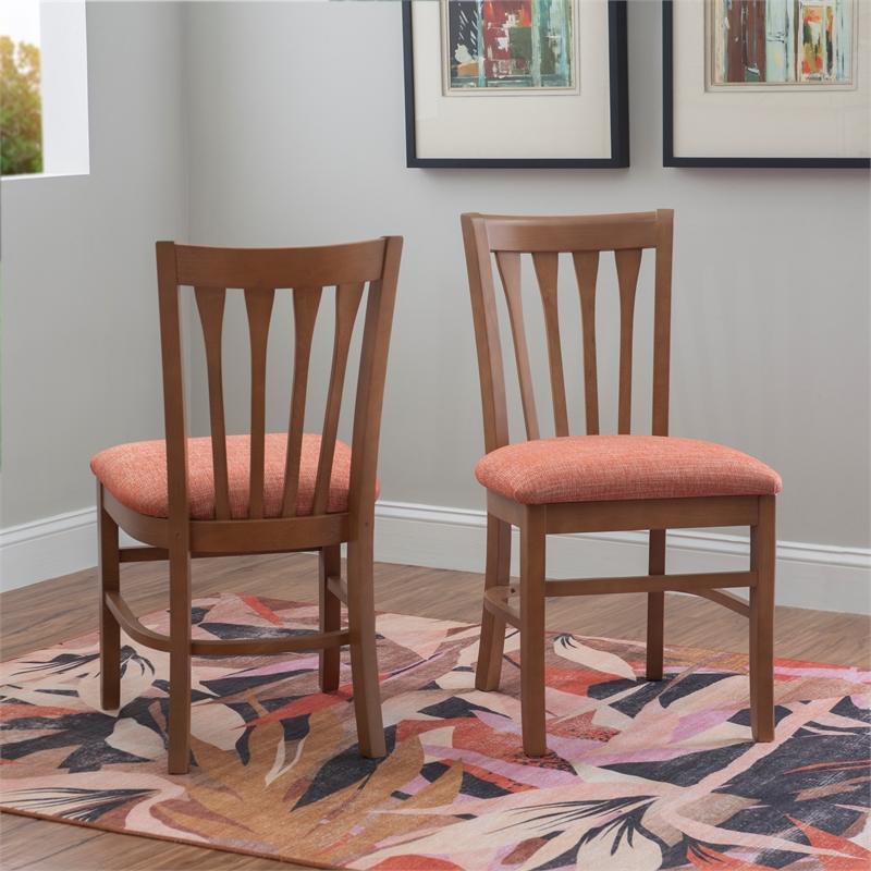 Linon Sammi Set of 2 Upholstered Slat Back Dining Chairs in Natural Wood