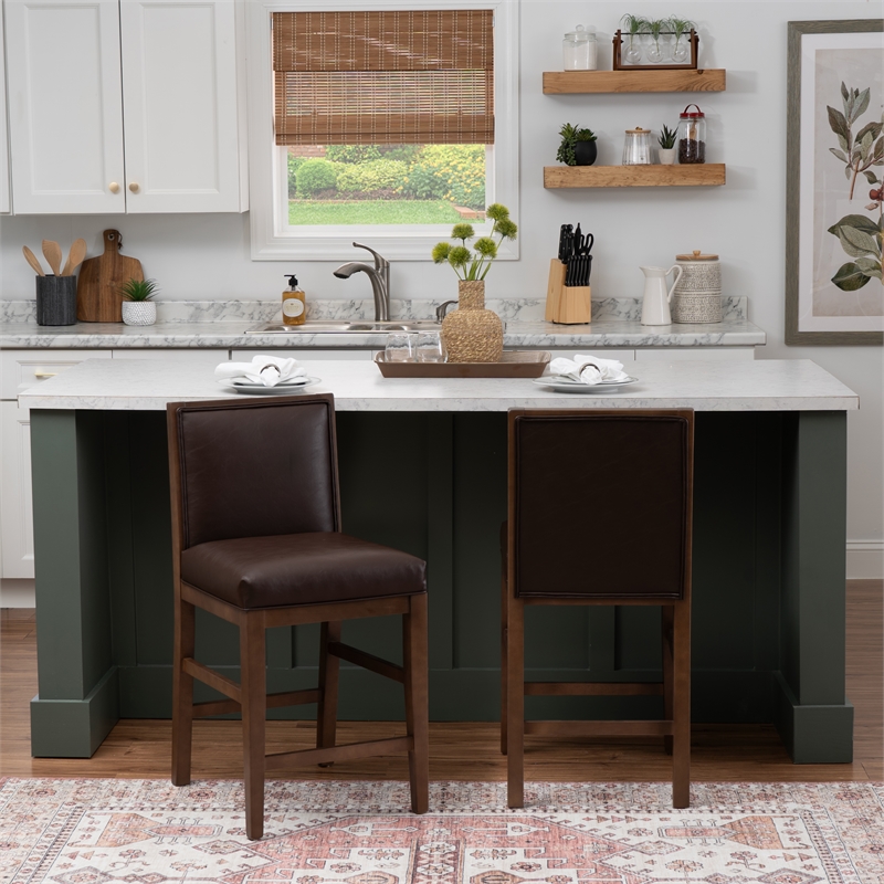 Linon Reagan Set of 2 Faux Leather Upholstered Counter Stools in Rich Brown