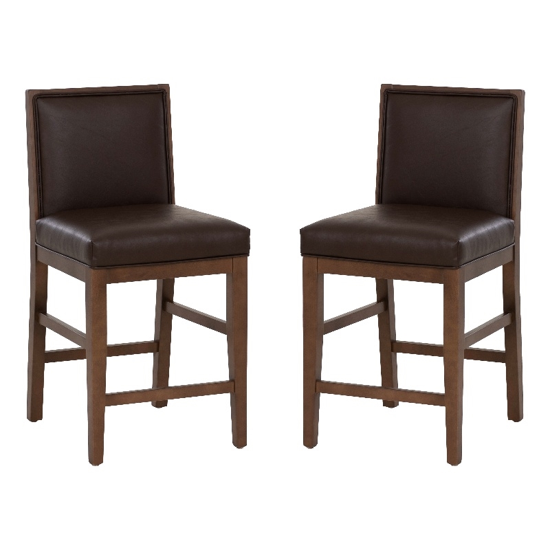Linon Reagan Set of 2 Faux Leather Upholstered Counter Stools in Rich Brown