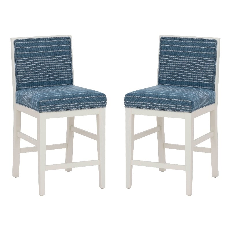 Linon Reagan Set of 2 Blue Striped Upholstered Counter Stools in White Wood