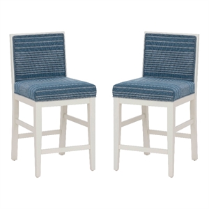 Linon Reagan Set of 2 Blue Striped Upholstered Counter Stools in White Wood