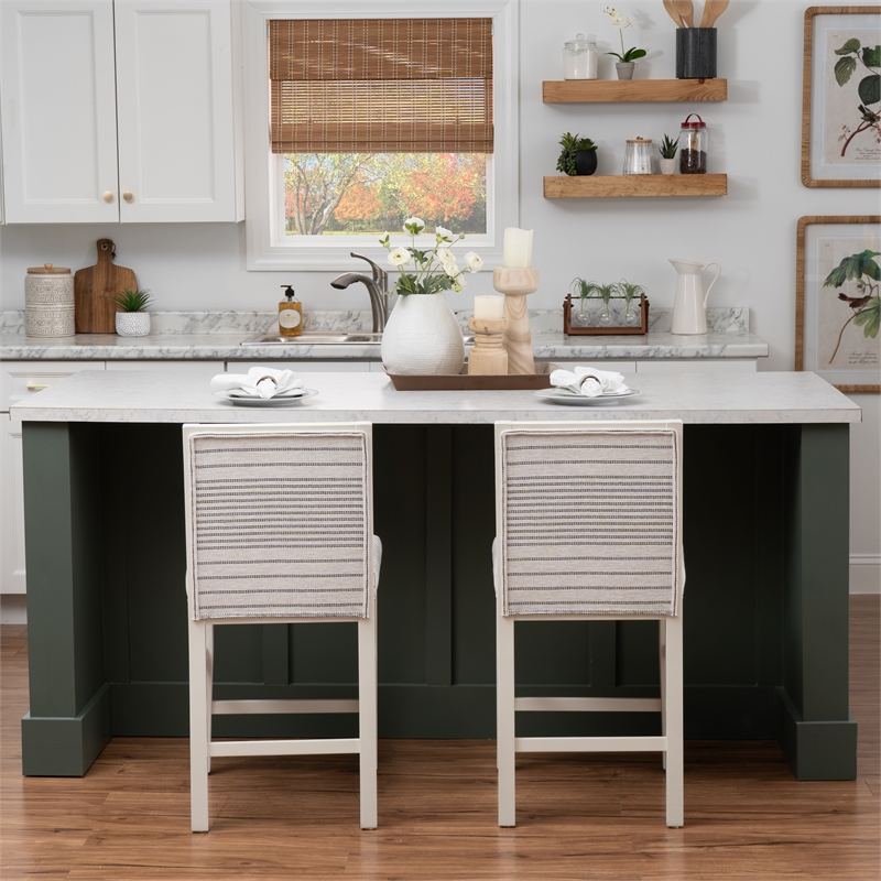 Linon Reagan Set of 2 Gray Striped Upholstered Counter Stools in White Wood