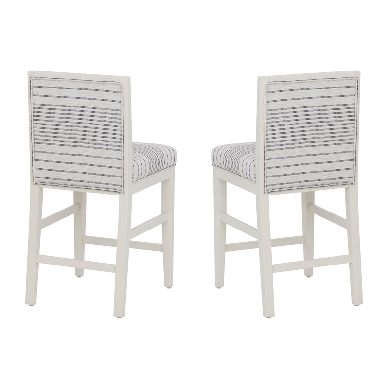 Linon Reagan Set of 2 Gray Striped Upholstered Counter Stools in White Wood