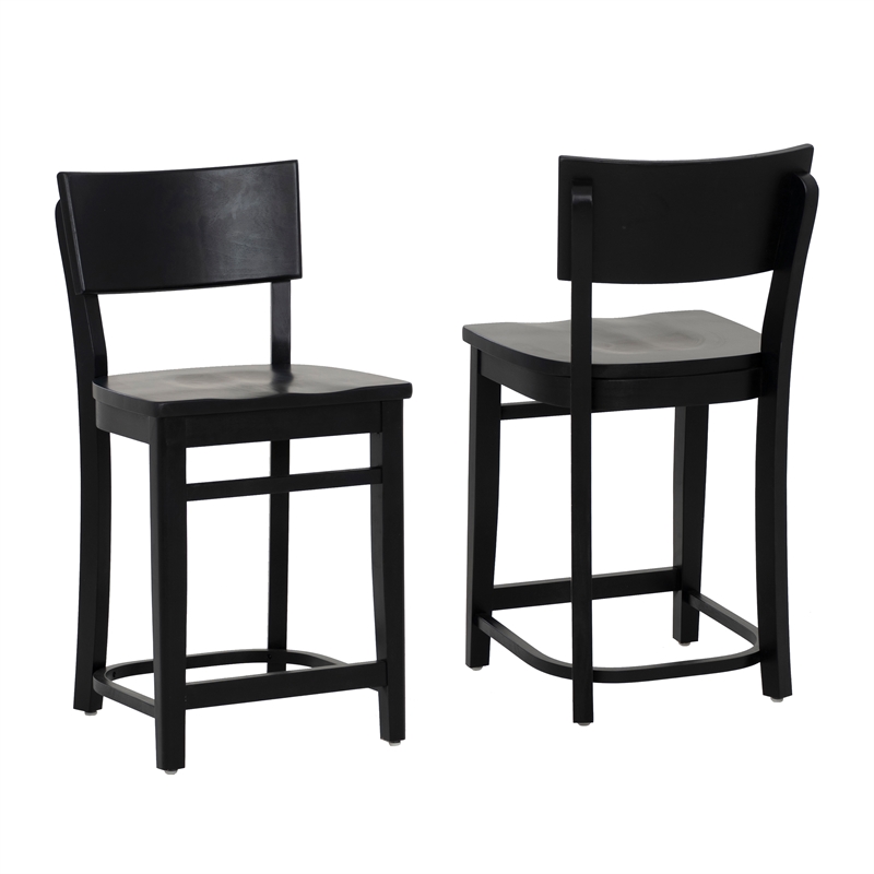 Linon Brina Set of 2 High Back Counter Stools in Black Painted Solid Beechwood