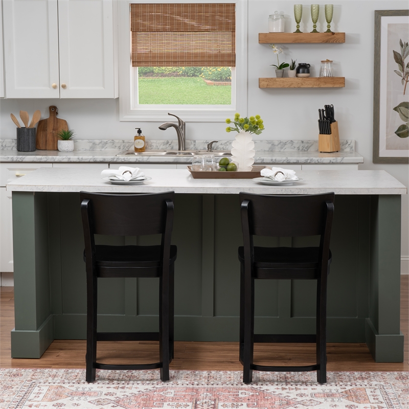 Linon Brina Set of 2 High Back Counter Stools in Black Painted Solid Beechwood