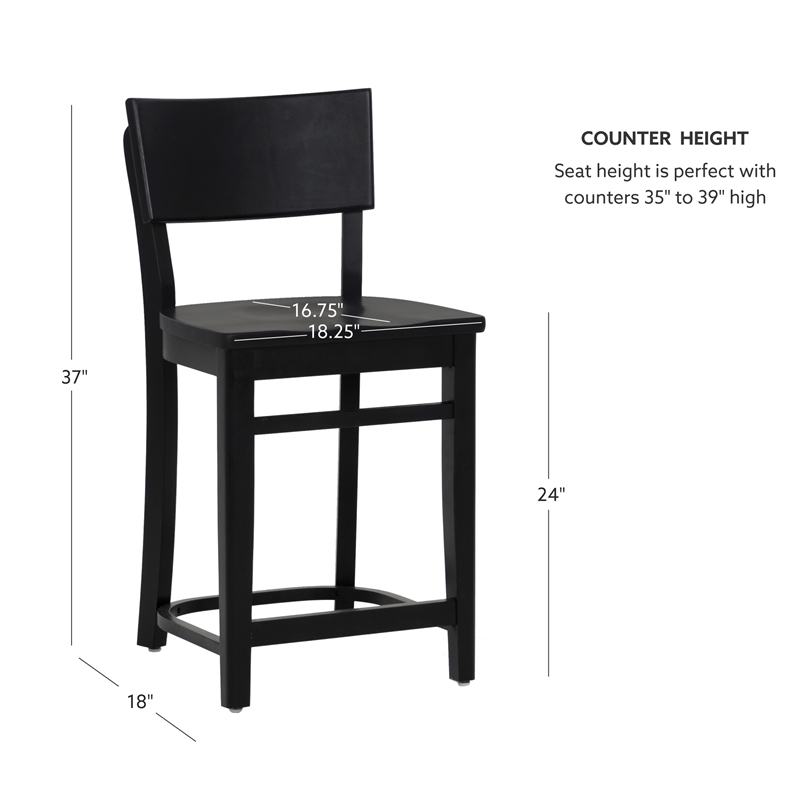 Linon Brina Set of 2 High Back Counter Stools in Black Painted Solid Beechwood
