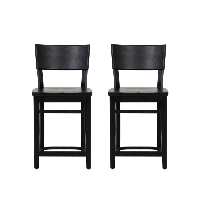 Linon Brina Set of 2 High Back Counter Stools in Black Painted Solid Beechwood