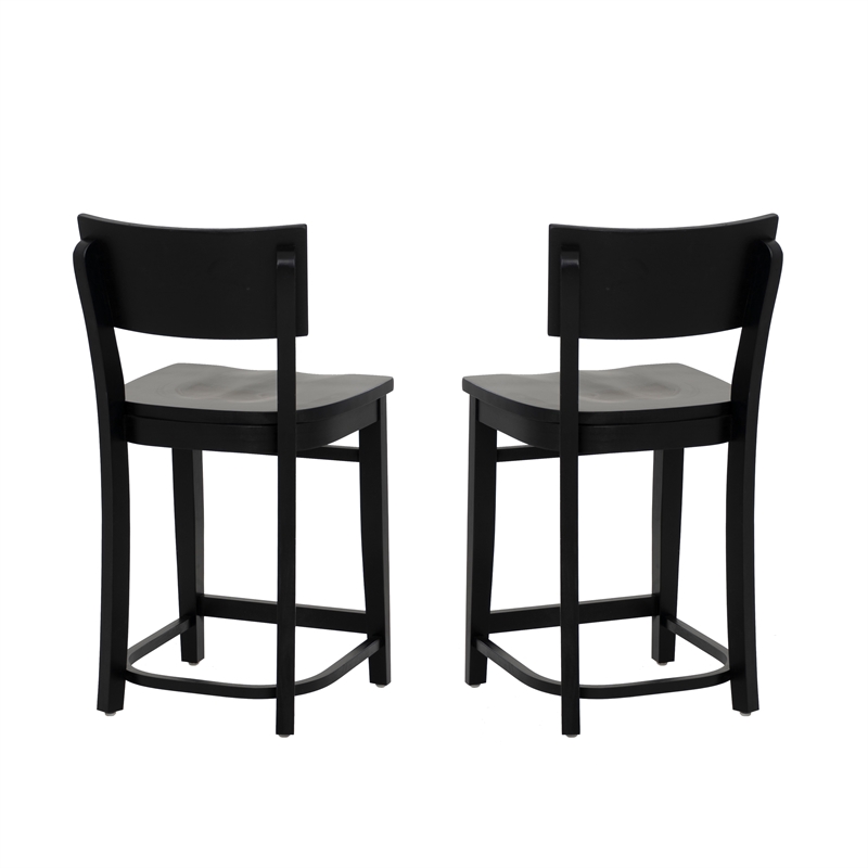 Linon Brina Set of 2 High Back Counter Stools in Black Painted Solid Beechwood