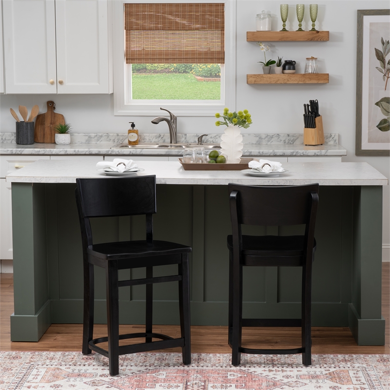 Linon Brina Set of 2 High Back Counter Stools in Black Painted Solid Beechwood
