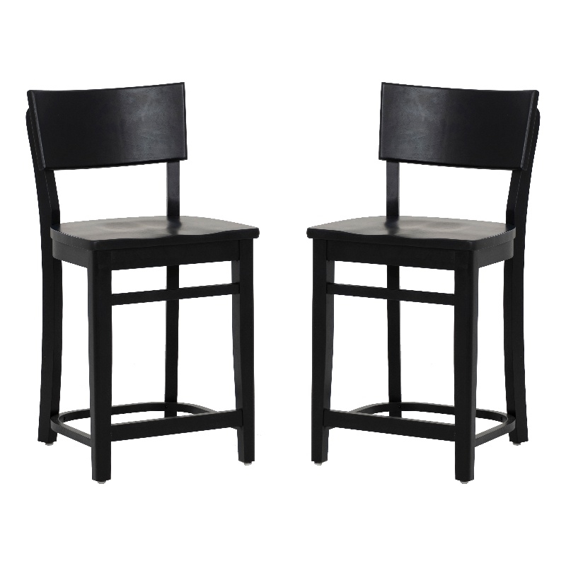 Linon Brina Set of 2 High Back Counter Stools in Black Painted Solid Beechwood