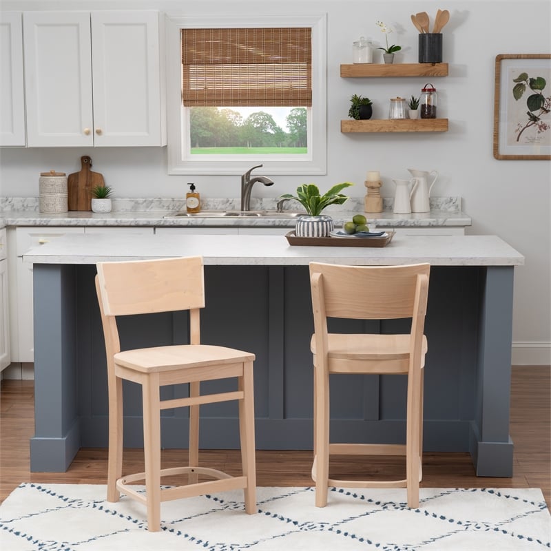 Linon Brina Set of 2 High Back Counter Stools in Unfinished Natural Beechwood