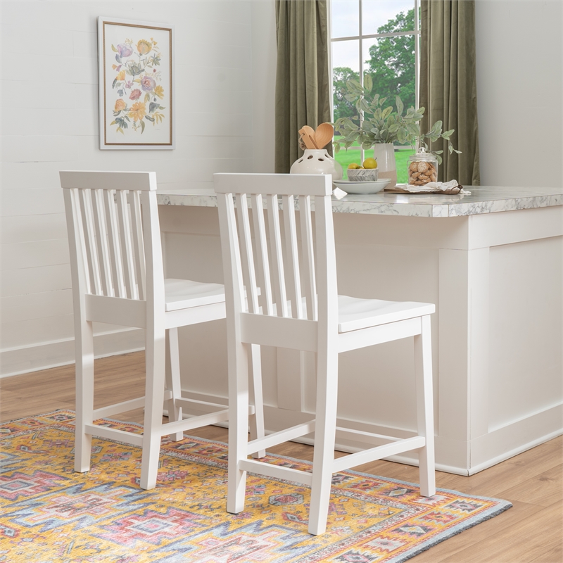 Linon Percy Set of 2 Slat Back Counter Stools in White Glossy Finished Wood