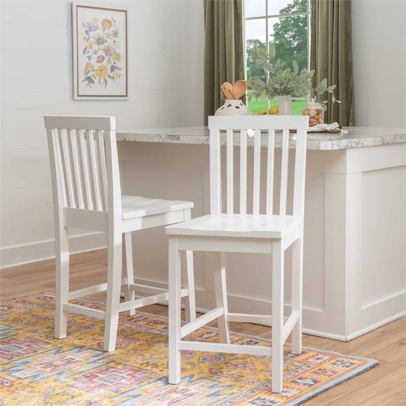 Linon Percy Set of 2 Slat Back Counter Stools in White Glossy Finished Wood