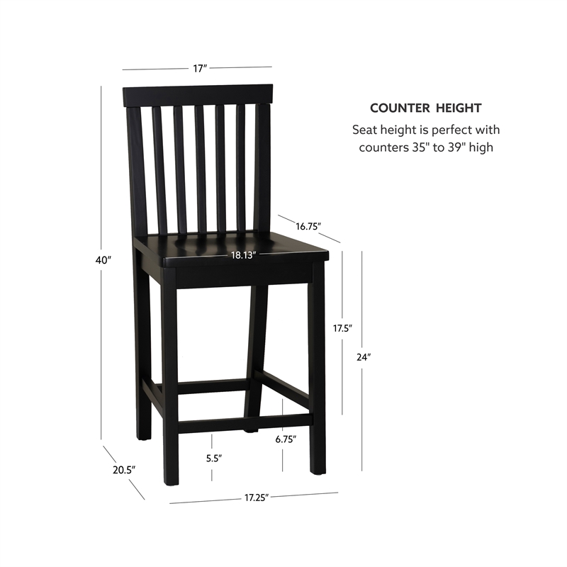 Linon Percy Set of 2 High Slat Back Counter Stools in Black Glossy Rubberwood