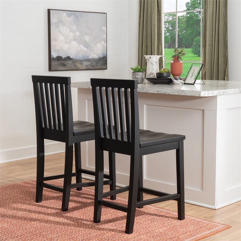Linon Percy Set of 2 High Slat Back Counter Stools in Black Glossy Rubberwood