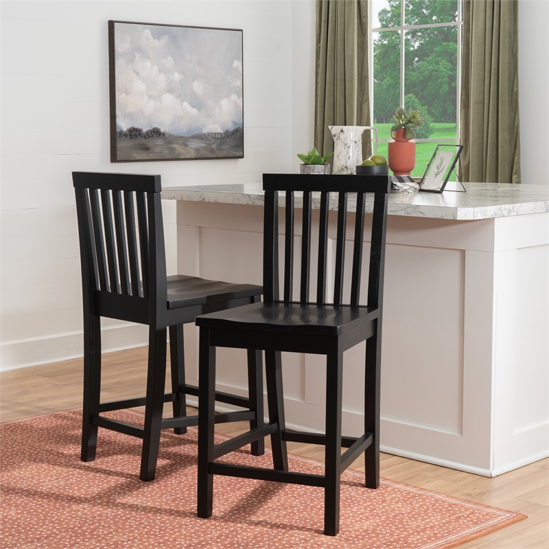 Linon Percy Set of 2 High Slat Back Counter Stools in Black Glossy Rubberwood