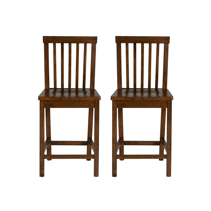 Linon Percy Set of 2 High Slat Back Counter Stools in Glossy Walnut Brown Wood
