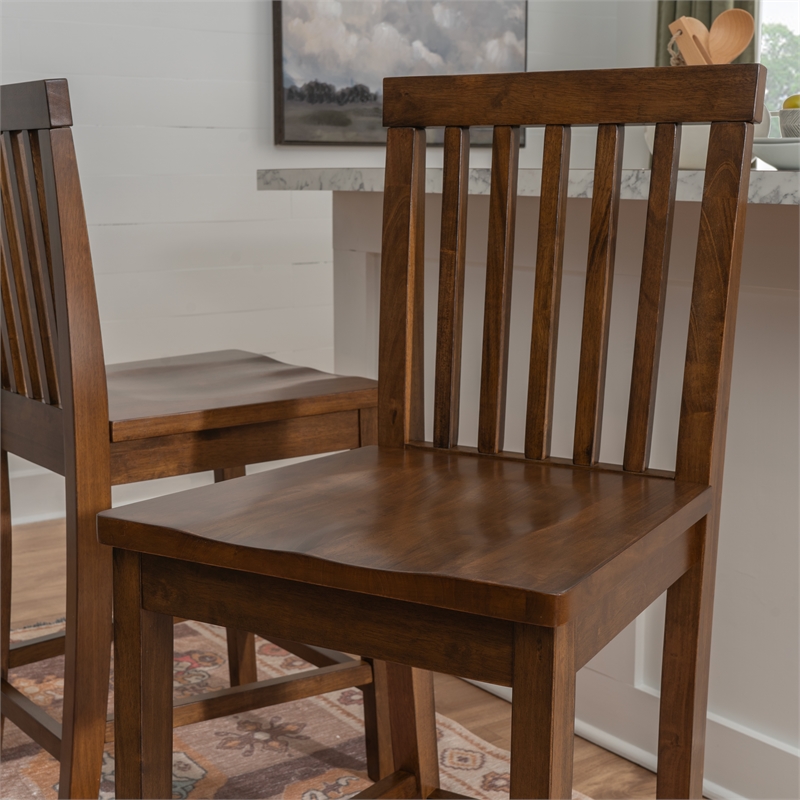Linon Percy Set of 2 High Slat Back Counter Stools in Glossy Walnut Brown Wood