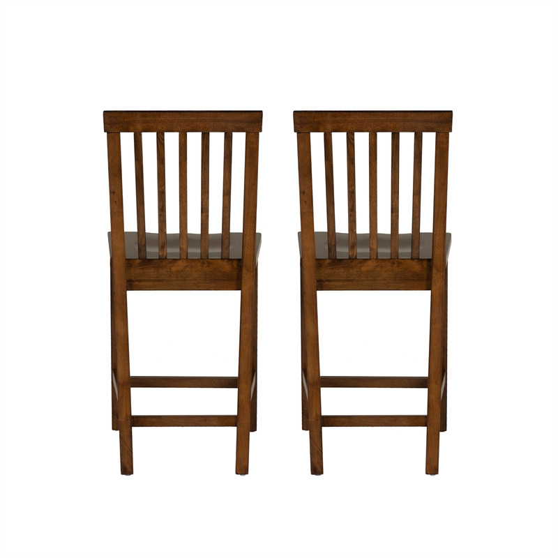 Linon Percy Set of 2 High Slat Back Counter Stools in Glossy Walnut Brown Wood