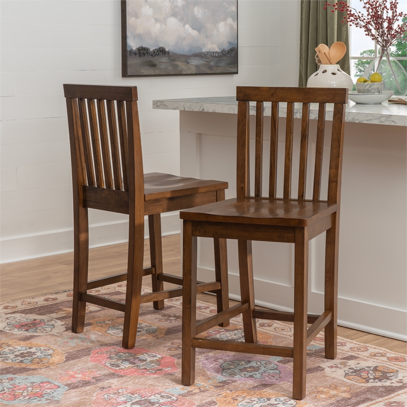 Linon Percy Set of 2 High Slat Back Counter Stools in Glossy Walnut Brown Wood