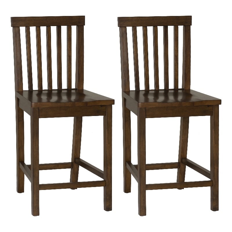 Linon Percy Set of 2 High Slat Back Counter Stools in Glossy Walnut Brown Wood