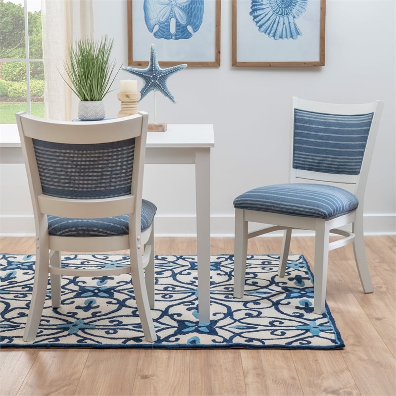 Linon Louise Set of 2 Upholstered Dining Side Chairs in White and Blue Stripes