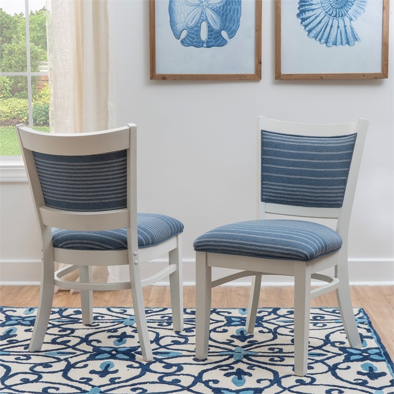 Linon Louise Set of 2 Upholstered Dining Side Chairs in White and Blue Stripes