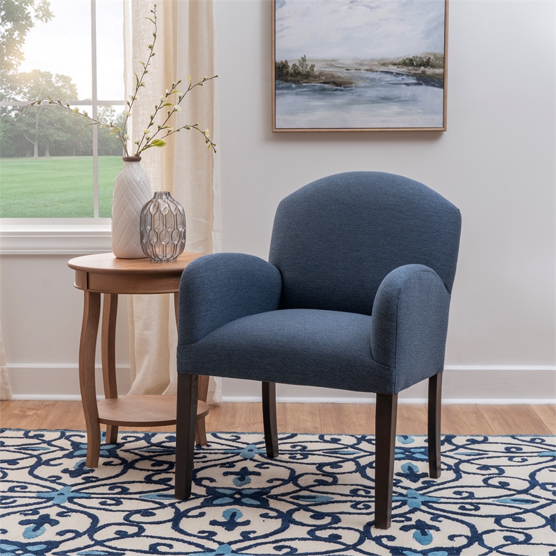 Linon Tarah Fully Upholstered Accent Chair in Blue Fabric and Dark Wooden Legs