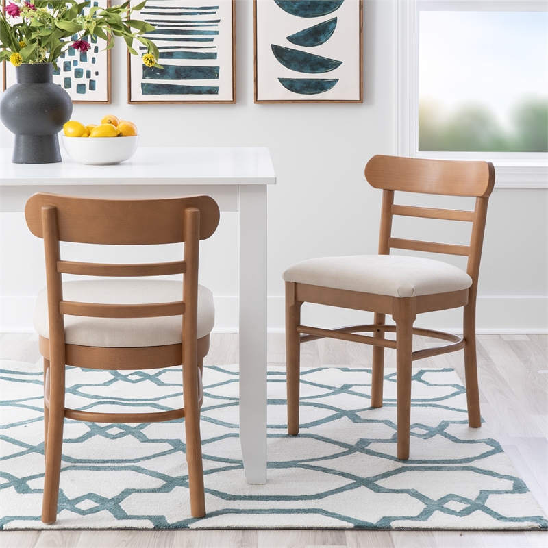 Linon Trina Set of 2 Ladder Back Upholstered Dining Chairs in Brown Stained Wood