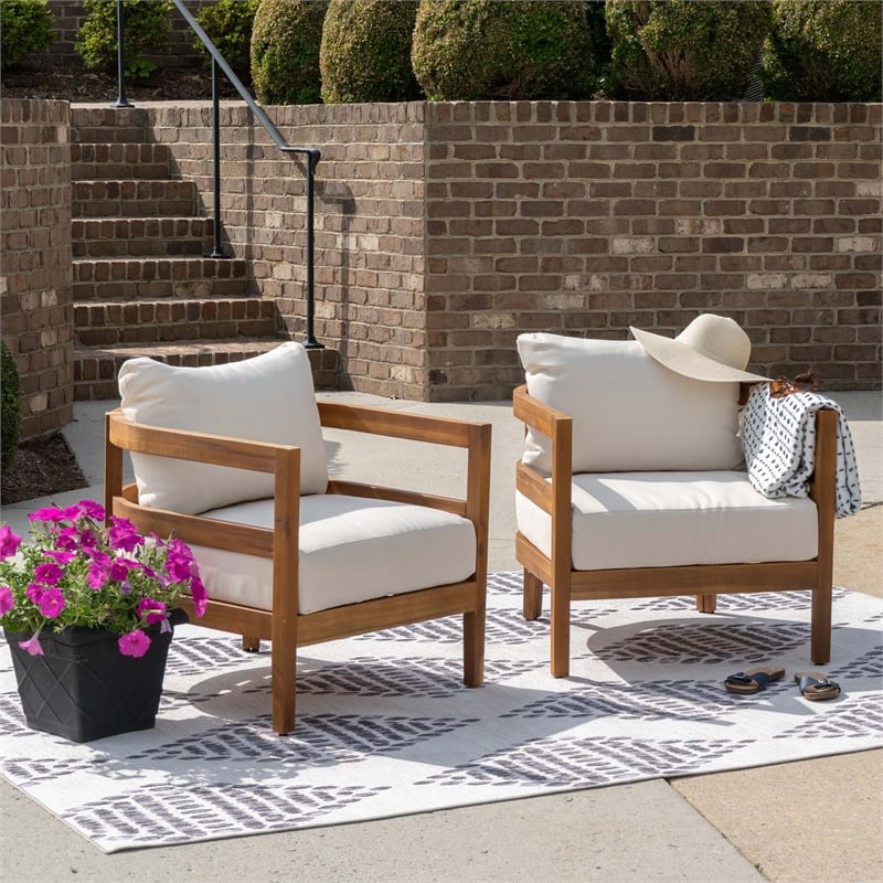 Seacrest Set of 2 Outdoor Club Chairs Thick Beige Cushions Brown Wooden Frame