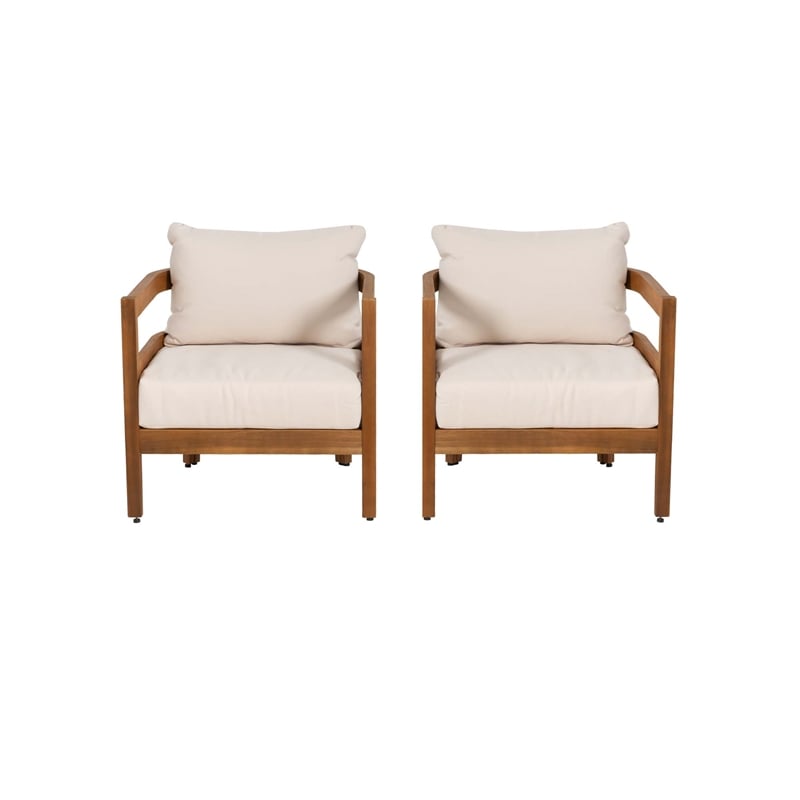 Seacrest Set of 2 Outdoor Club Chairs Thick Beige Cushions Brown Wooden Frame