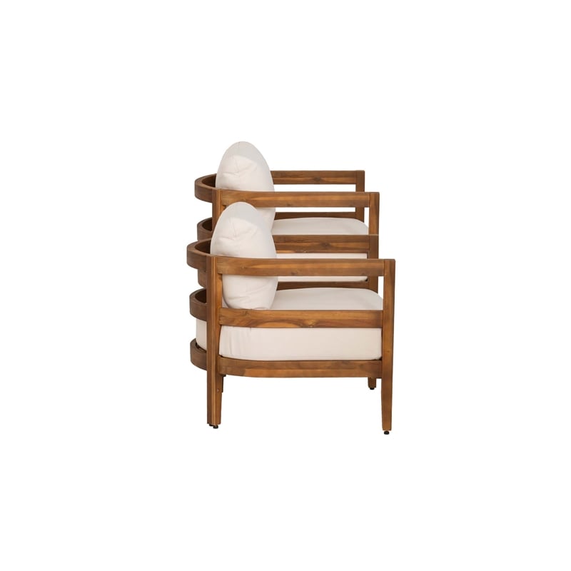 Seacrest Set of 2 Outdoor Club Chairs Thick Beige Cushions Brown Wooden Frame