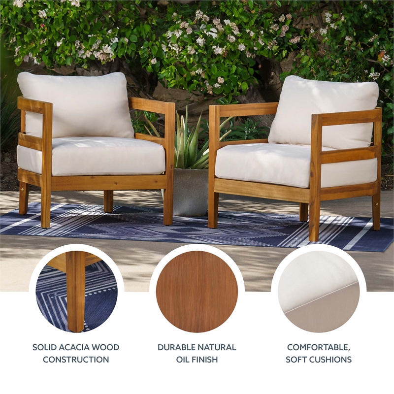 Seacrest Set of 2 Outdoor Club Chairs Thick Beige Cushions Brown Wooden Frame