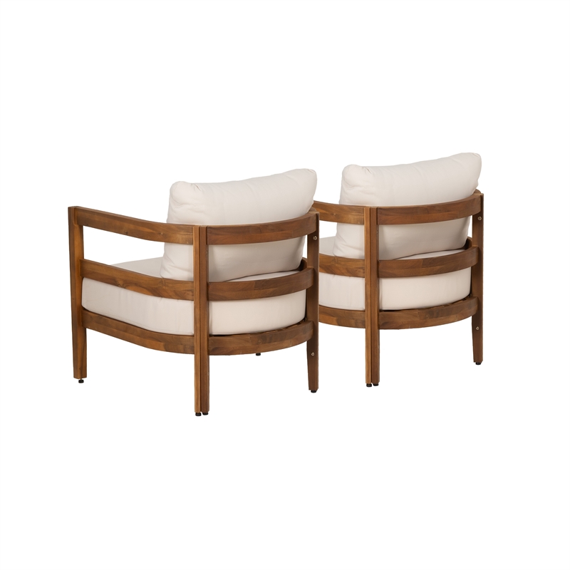 Seacrest Set of 2 Outdoor Club Chairs Thick Beige Cushions Brown Wooden Frame