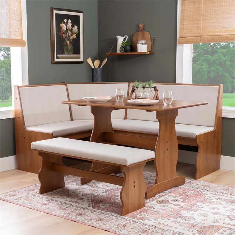 Linon Natasha Beige Upholstered Nook Dining Set in Walnut Solid Pine Wood