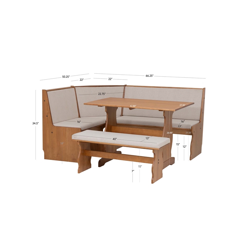 Linon Natasha Beige Upholstered Nook Dining Set in Walnut Solid Pine Wood