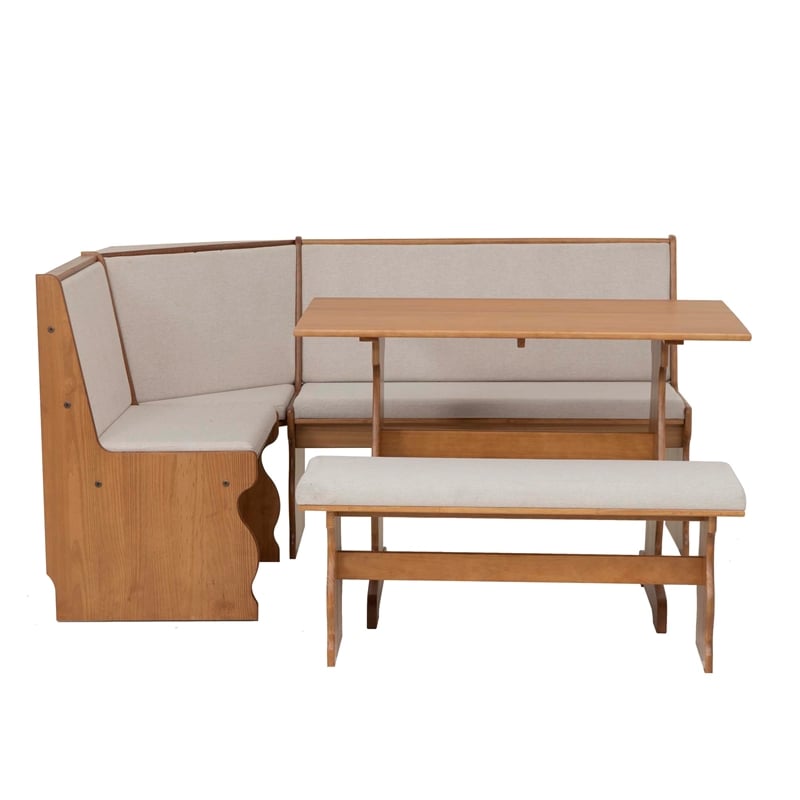 Linon Natasha Beige Upholstered Nook Dining Set in Walnut Solid Pine Wood