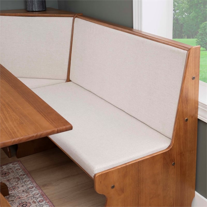 Linon Natasha Beige Upholstered Nook Dining Set in Walnut Solid Pine Wood