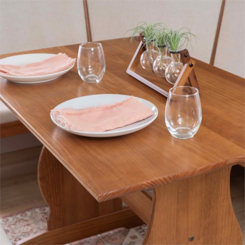 Linon Natasha Beige Upholstered Nook Dining Set in Walnut Solid Pine Wood