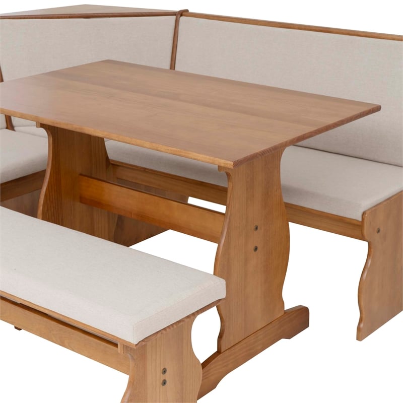 Linon Natasha Beige Upholstered Nook Dining Set in Walnut Solid Pine Wood