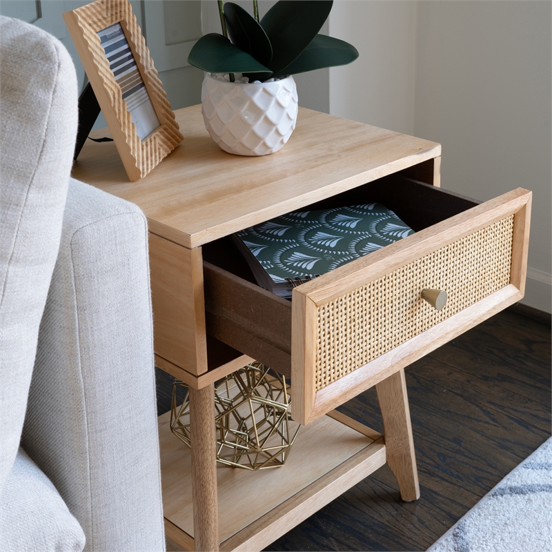 Linon Catlett Cane Side Table Nightstand in Natural