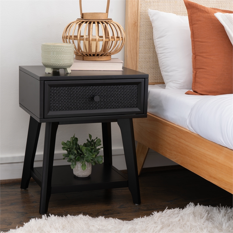 Linon Catlett Cane Side Table Nightstand in Black