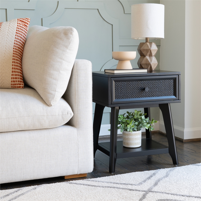 Linon Catlett Cane Side Table Nightstand in Black