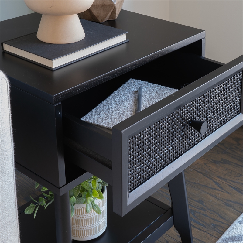 Linon Catlett Cane Side Table Nightstand in Black