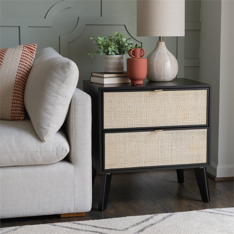 Linon Collett Cane 2 Drawer Nightstand in Black