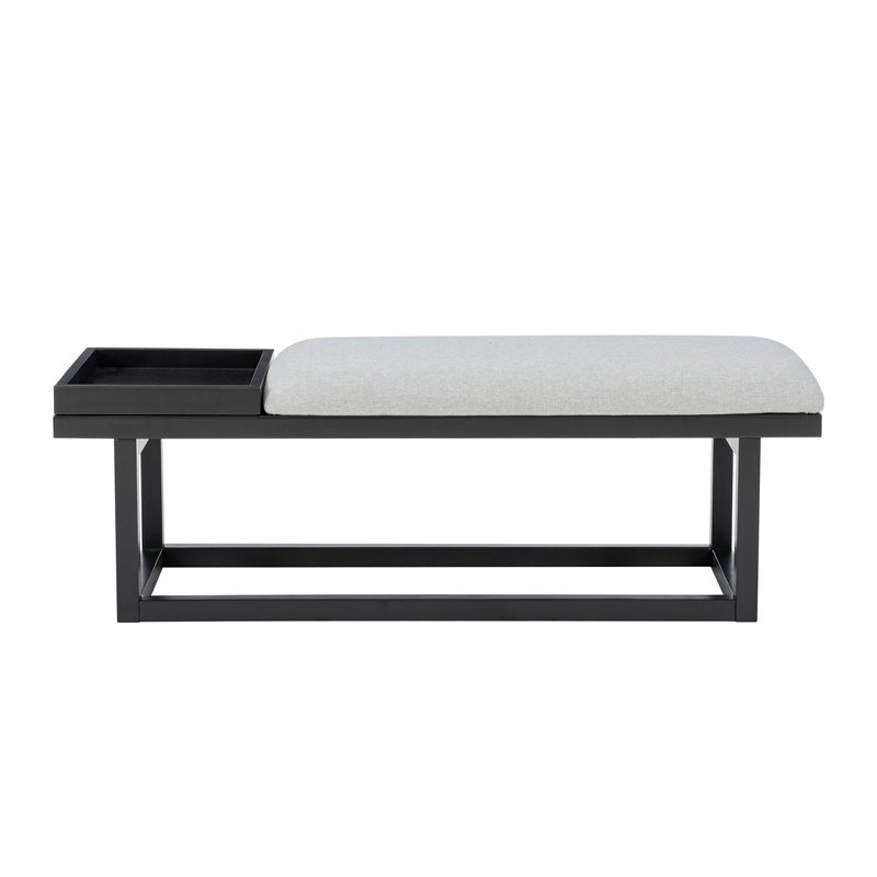 Georgia Gray Upholstered Bench with Removable Tray in Black Wood