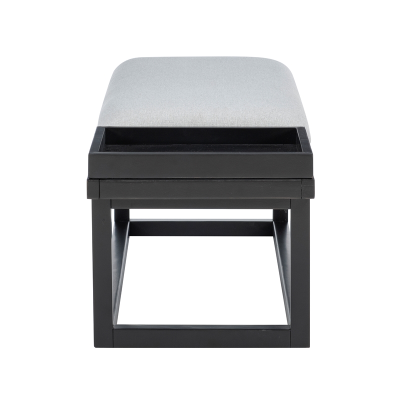 Georgia Gray Upholstered Bench with Removable Tray in Black Wood