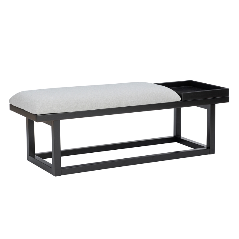 Georgia Gray Upholstered Bench with Removable Tray in Black Wood