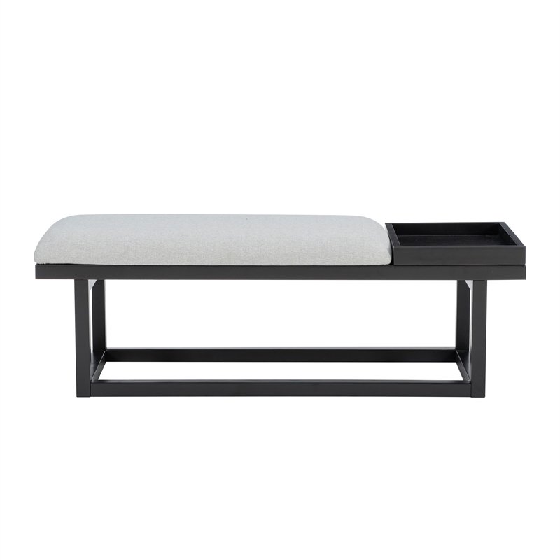 Georgia Gray Upholstered Bench with Removable Tray in Black Wood